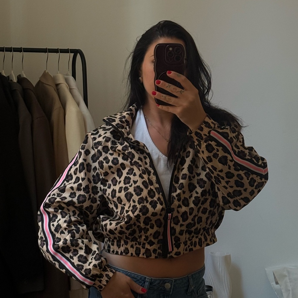 Guess Leopard Print Bomber Jacket with Pink Stripes